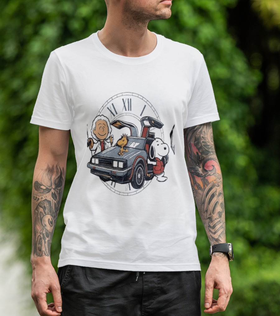 Peanuts Characters With DeLorean Time Machine And T-Shirt