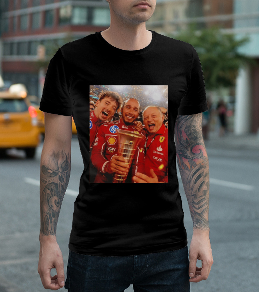Charles Leclerc Lewis Hamilton Frederic Vasseur Ferrari Victory Celebration Trophy BP Shell Santander CEVA Racing T-Shirt