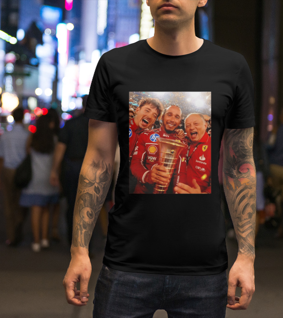 Charles Leclerc Lewis Hamilton Frederic Vasseur Ferrari Victory Celebration Trophy BP Shell Santander CEVA Racing T-Shirt