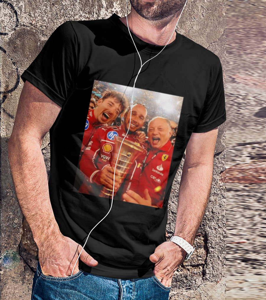 Charles Leclerc Lewis Hamilton Frederic Vasseur Ferrari Victory Celebration Trophy BP Shell Santander CEVA Racing T-Shirt