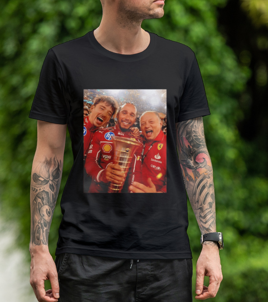 Charles Leclerc Lewis Hamilton Frederic Vasseur Ferrari Victory Celebration Trophy BP Shell Santander CEVA Racing T-Shirt