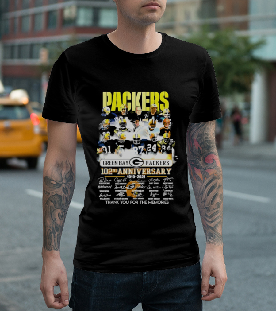 Green Bay Packers 102nd Anniversary 1919 2021 Thank You For The Memories Packers Legends Signatures Collection T-Shirt