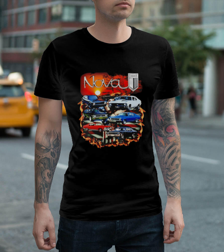 Nova Chevy II American Flag Muscle Car Collection Vintage Sunset T-Shirt