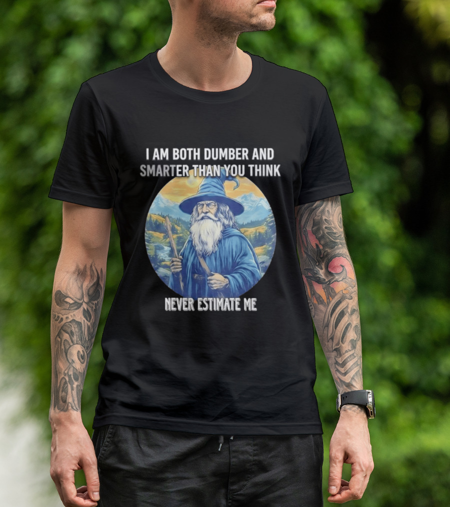 I Am Both Dumber And Smarter Than You Think Never Estimate Me Wizard Blue Robe And Hat Mountain T-Shirt