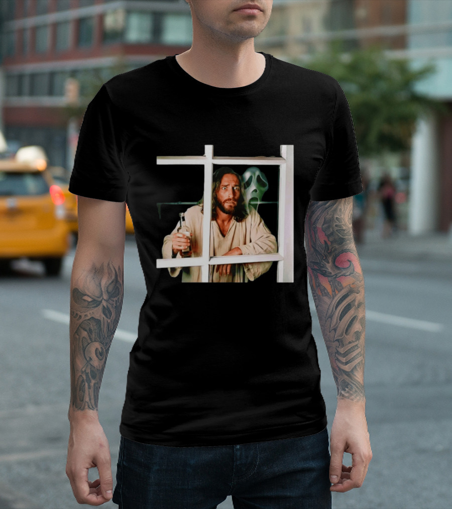 Jesus Drinking Whiskey With Ghostface Killer Behind Window T-Shirt