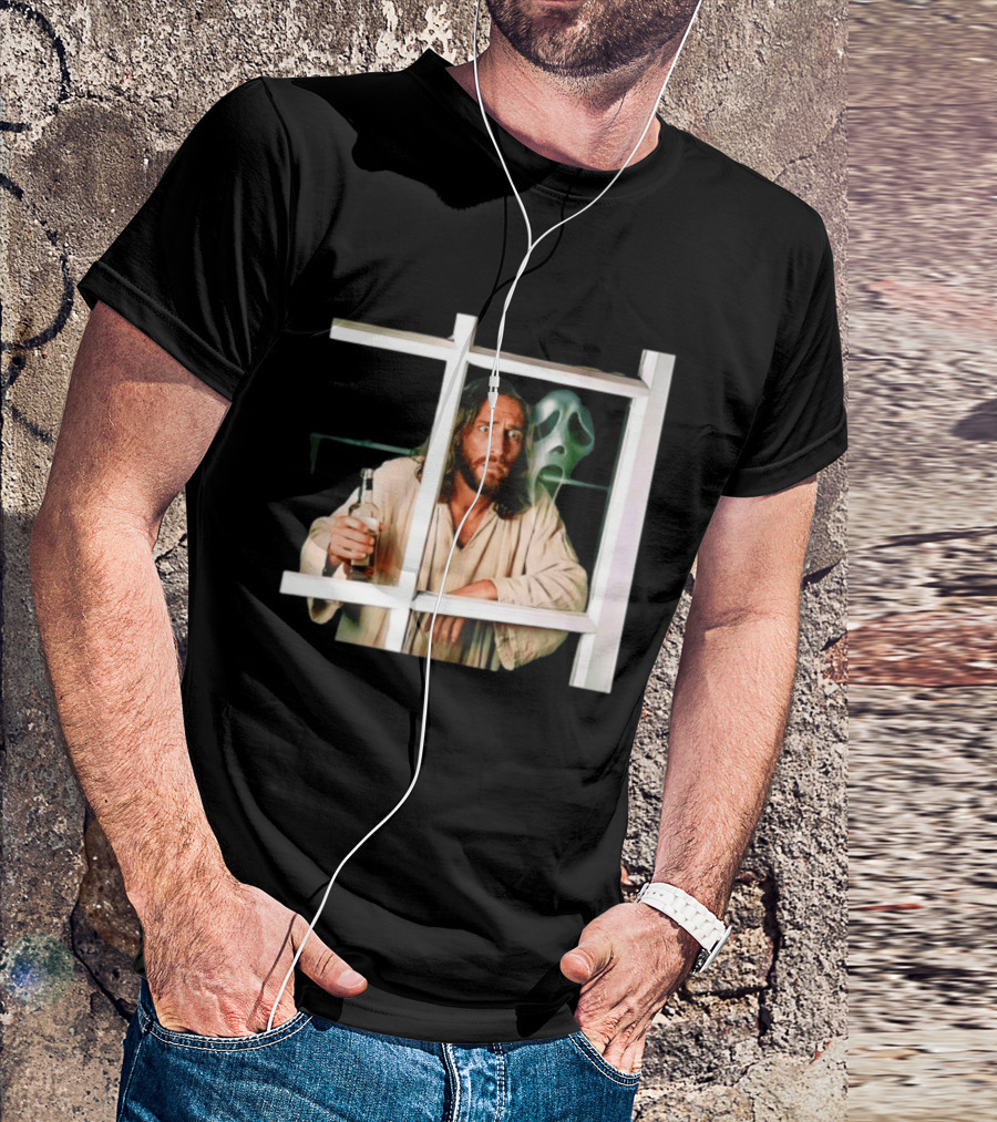 Jesus Drinking Whiskey With Ghostface Killer Behind Window T-Shirt