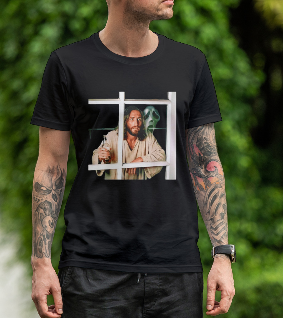 Jesus Drinking Whiskey With Ghostface Killer Behind Window T-Shirt