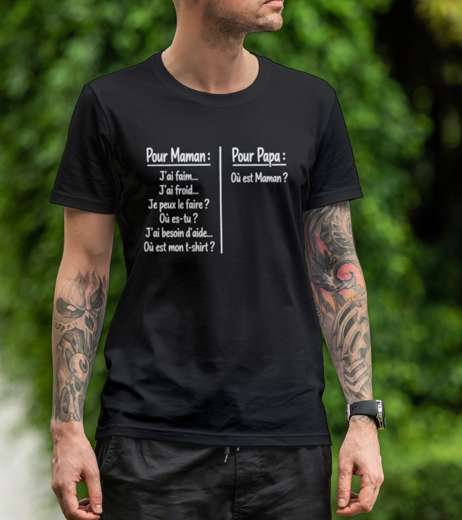Pour Maman Papa J'ai Faim Froid Parenting Humor Où Est Maman Comparison T-Shirt