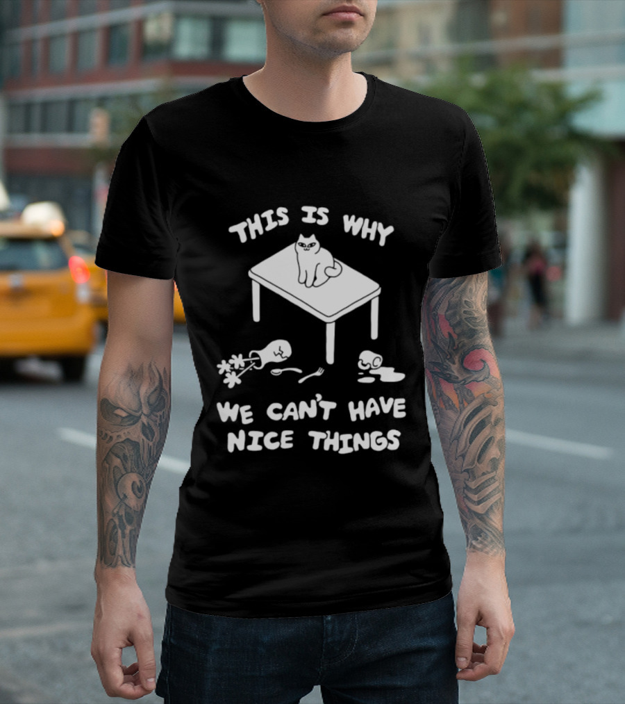 This Is Why We Can't Have Nice Things Cat On Table Spilled Cup And Fork T-Shirt