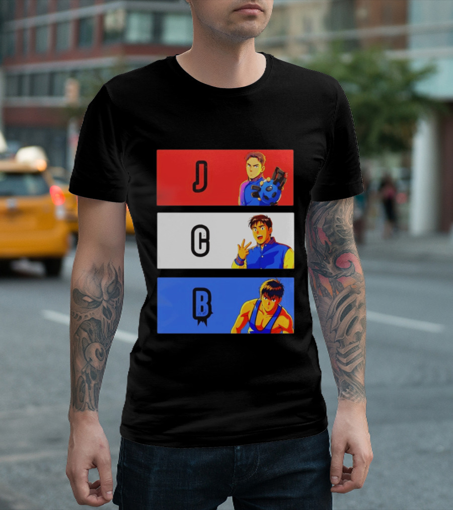 JCB Anime Characters Red White Blue Panels T-Shirt