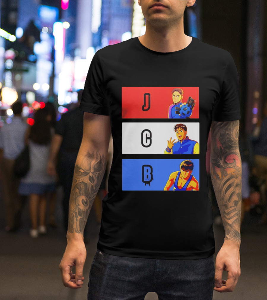 JCB Anime Characters Red White Blue Panels T-Shirt