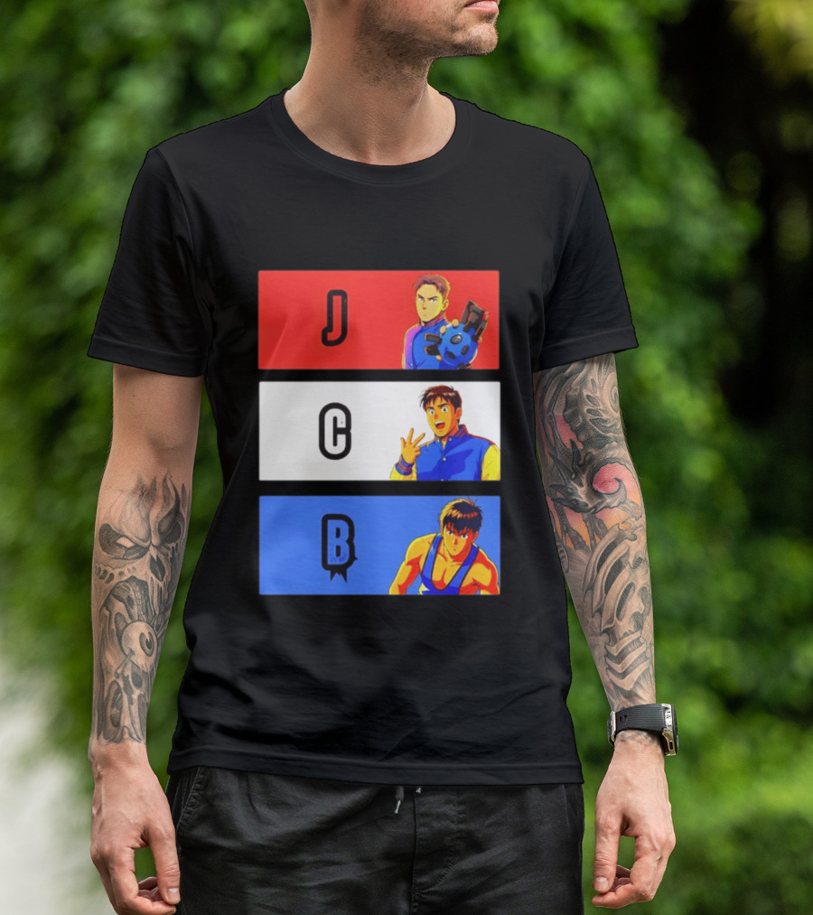 JCB Anime Characters Red White Blue Panels T-Shirt