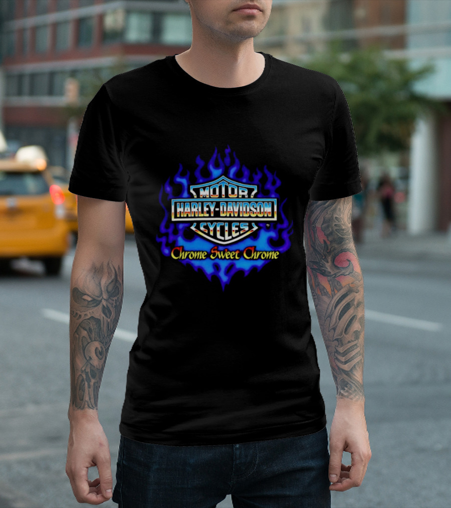Harley Davidson Motor Cycles Chrome Sweet Chrome Blue Flames T-Shirt