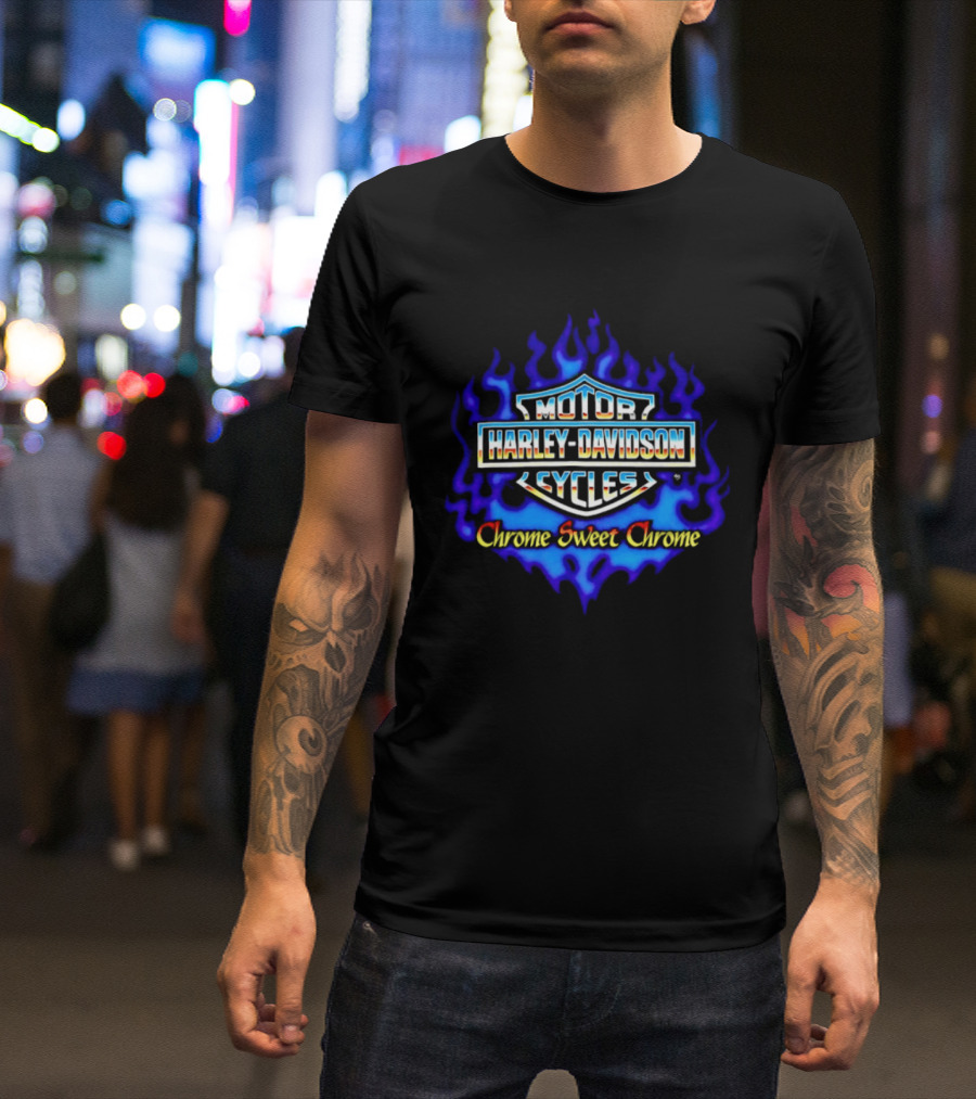 Harley Davidson Motor Cycles Chrome Sweet Chrome Blue Flames T-Shirt