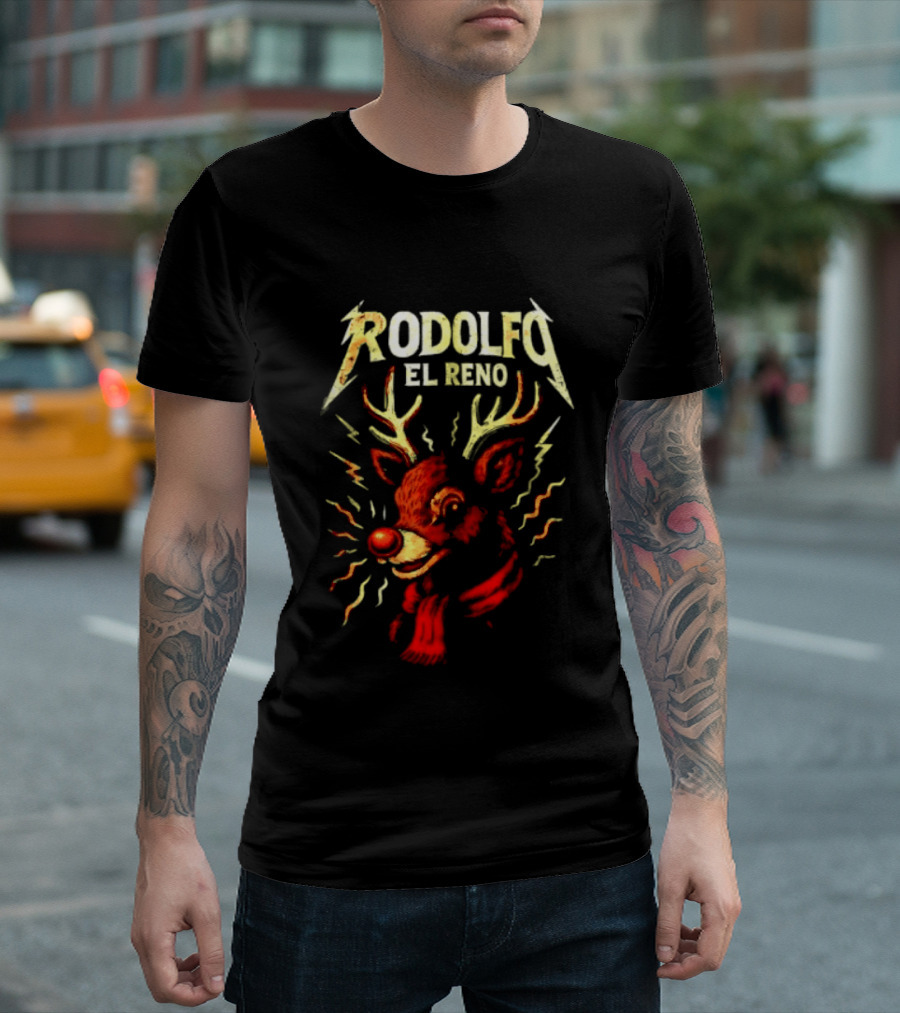 Rodolfo El Reno Heavy Metal Reindeer Christmas Lightning Antlers T-Shirt