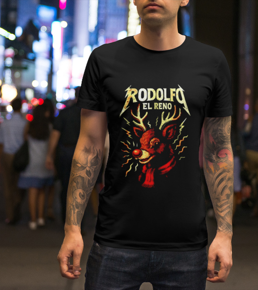 Rodolfo El Reno Heavy Metal Reindeer Christmas Lightning Antlers T-Shirt