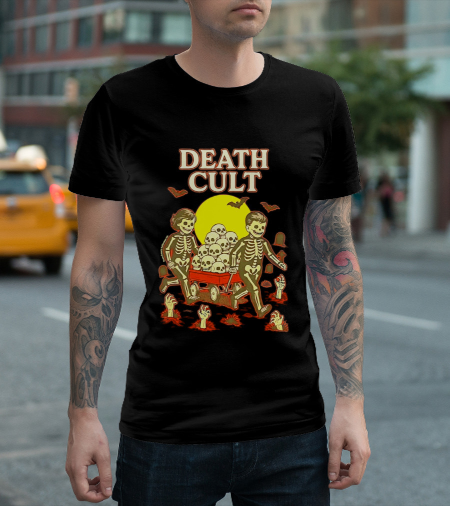 Death Cult Skeleton Kids Hauling Skull Filled Wagon With Rising Hands And Bats T-Shirt