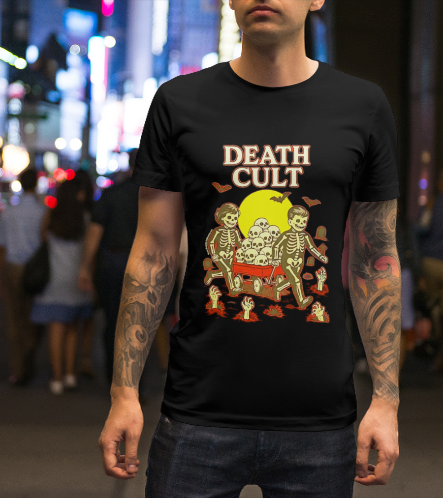 Death Cult Skeleton Kids Hauling Skull Filled Wagon With Rising Hands And Bats T-Shirt