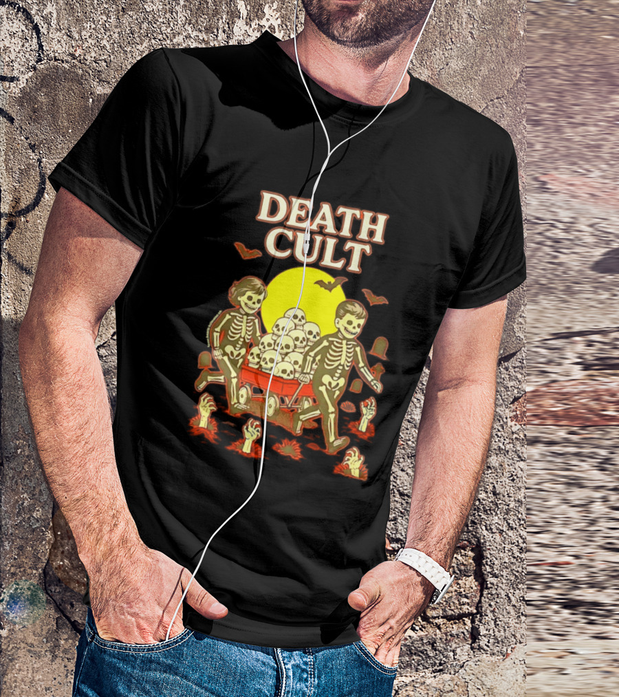Death Cult Skeleton Kids Hauling Skull Filled Wagon With Rising Hands And Bats T-Shirt