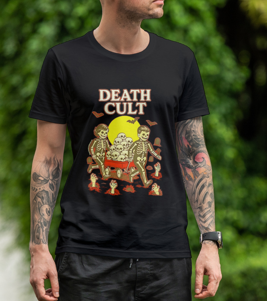 Death Cult Skeleton Kids Hauling Skull Filled Wagon With Rising Hands And Bats T-Shirt