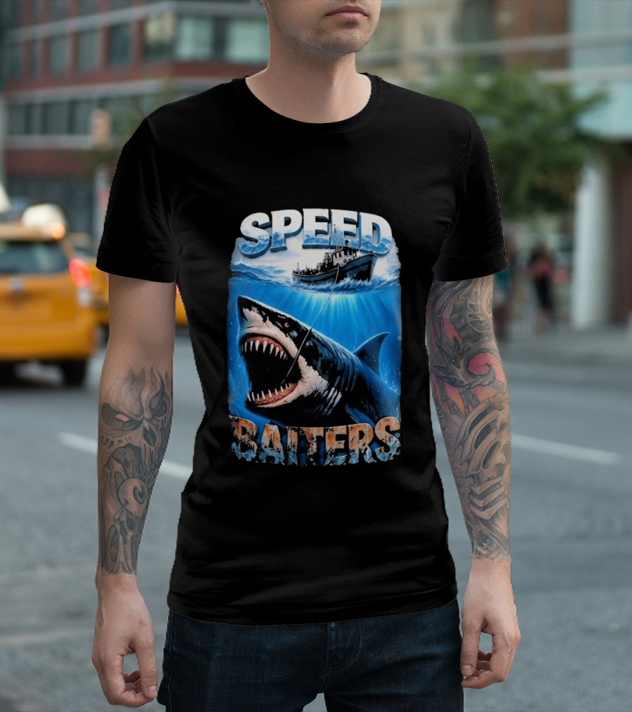 Speed Baiters Shark With Boat And Ocean T-Shirt