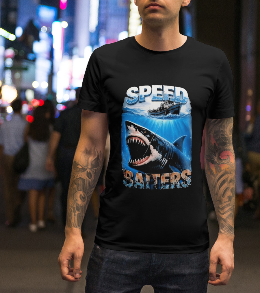 Speed Baiters Shark With Boat And Ocean T-Shirt