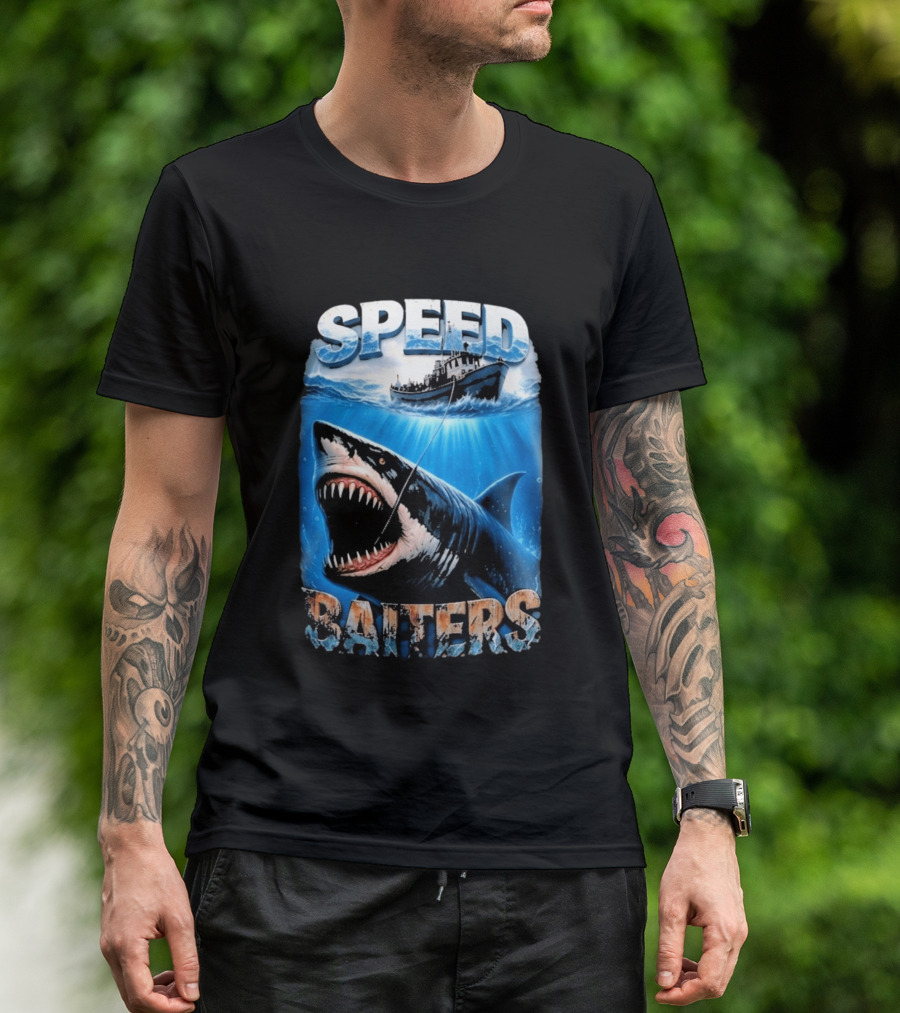 Speed Baiters Shark With Boat And Ocean T-Shirt