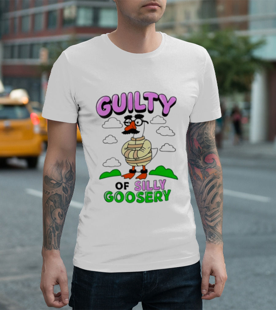 Guilty Of Silly Goosery Cartoon Goose In Striped Suit T-Shirt