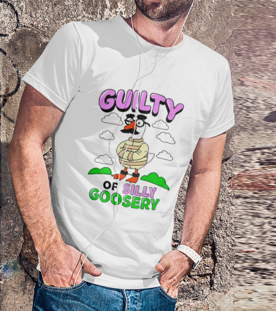 Guilty Of Silly Goosery Cartoon Goose In Striped Suit T-Shirt