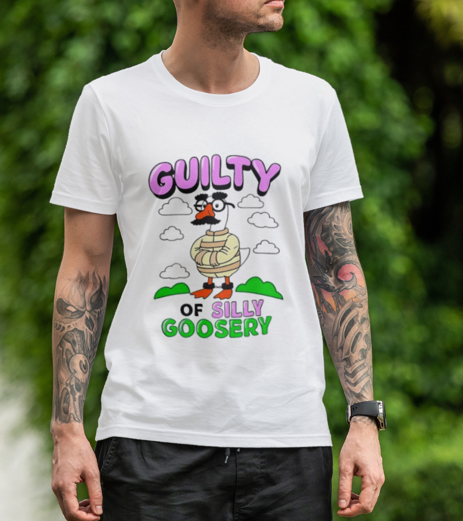 Guilty Of Silly Goosery Cartoon Goose In Striped Suit T-Shirt