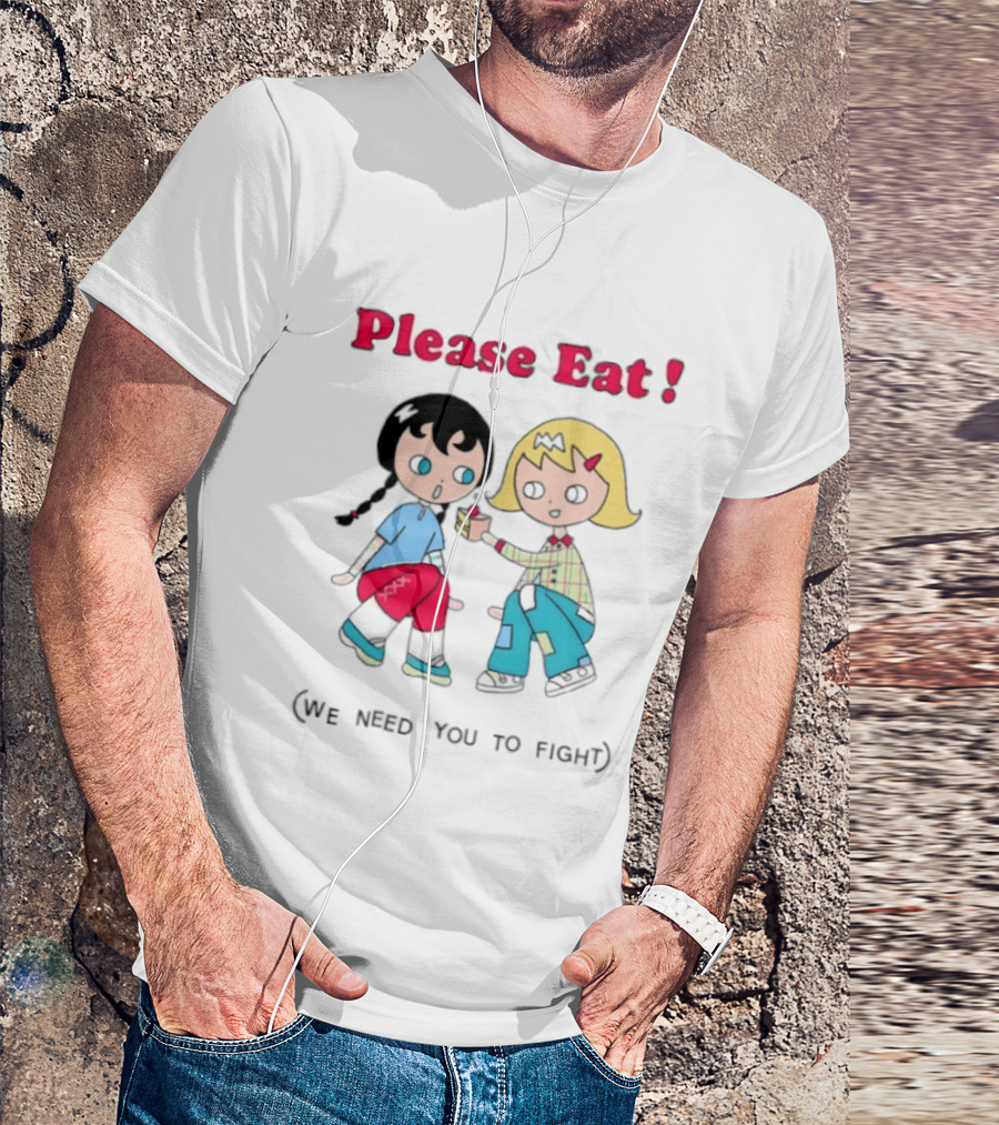 Please Eat We Need You To Fight Vintage Anime Style Cartoon Characters Sharing Food T-Shirt