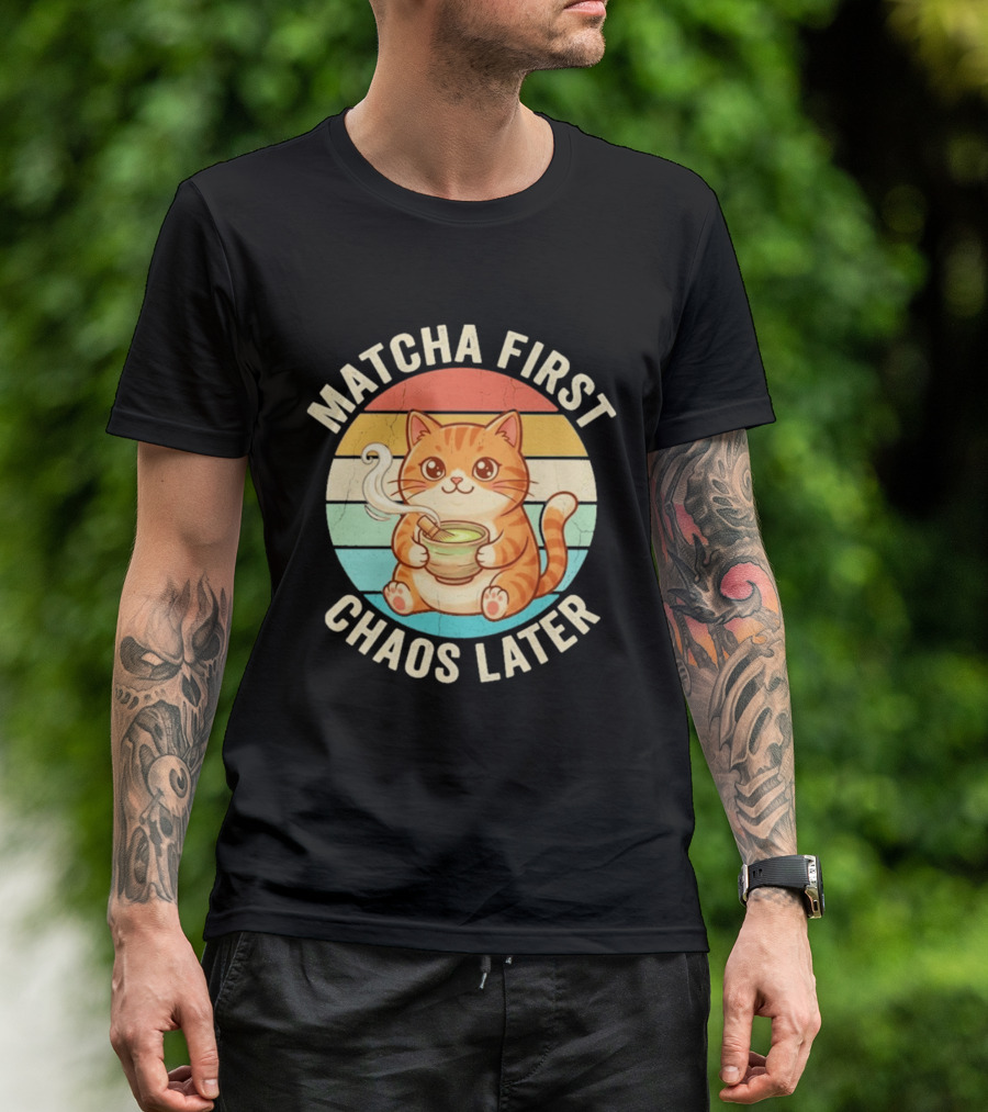 Matcha First Chaos Later Cat Retro Stripes Tea T-Shirt