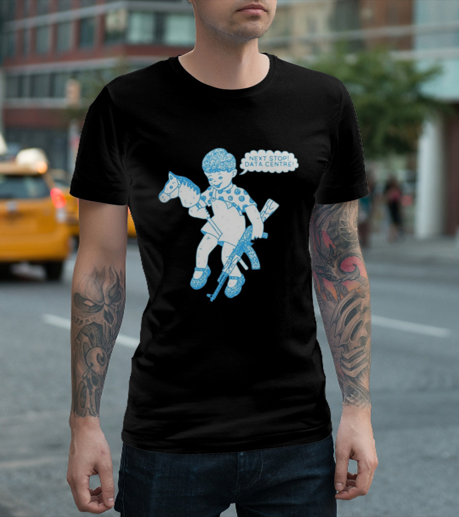 Next Stop Data Centre Kid With Hobby Horse And Toy Rifle Tech Humor T-Shirt