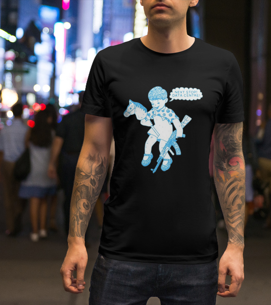Next Stop Data Centre Kid With Hobby Horse And Toy Rifle Tech Humor T-Shirt