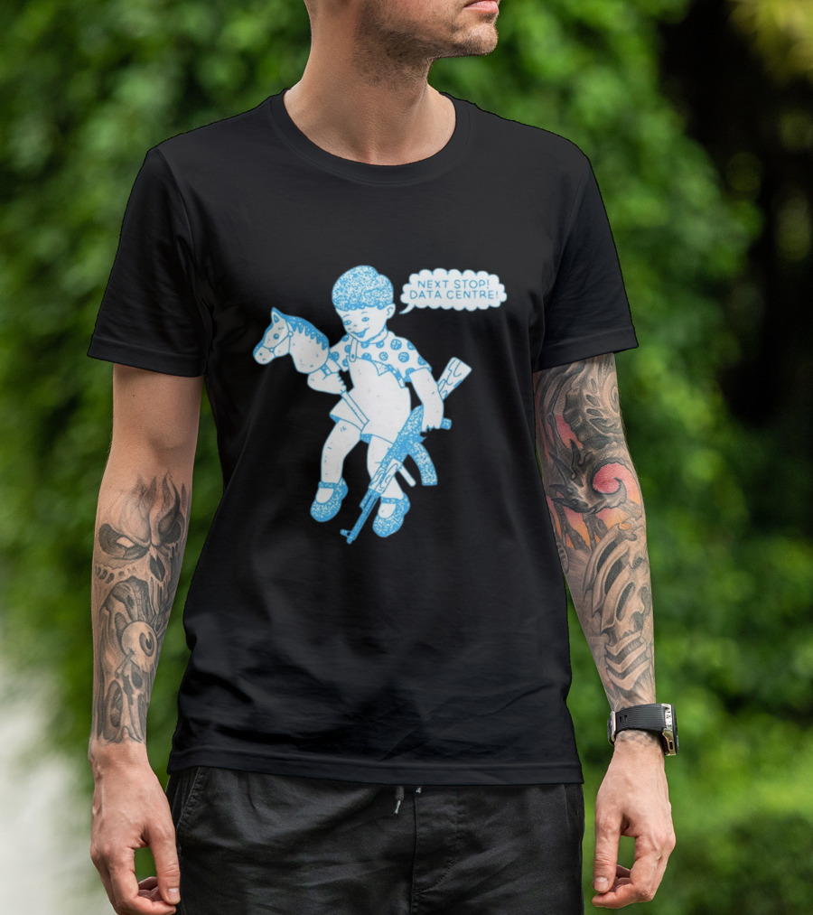 Next Stop Data Centre Kid With Hobby Horse And Toy Rifle Tech Humor T-Shirt
