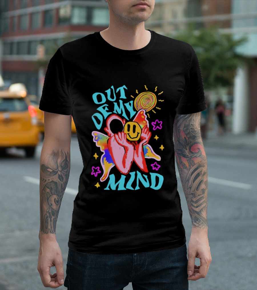 Out Of My Mind Smiley Face Butterfly Psychedelic Sunburst Fantasy Flowers T-Shirt