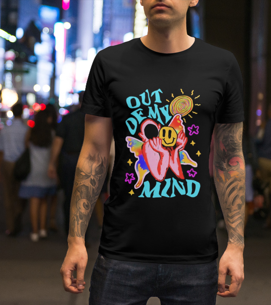Out Of My Mind Smiley Face Butterfly Psychedelic Sunburst Fantasy Flowers T-Shirt