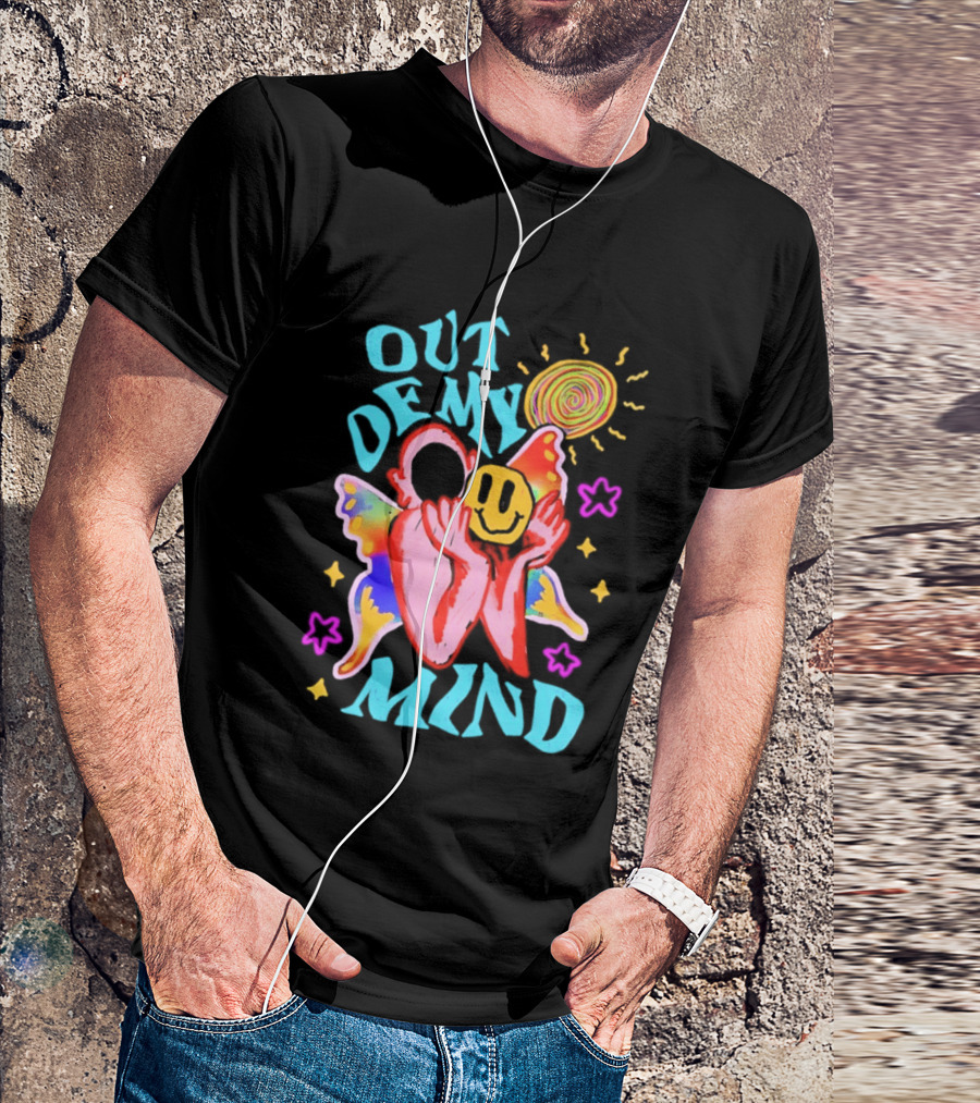 Out Of My Mind Smiley Face Butterfly Psychedelic Sunburst Fantasy Flowers T-Shirt
