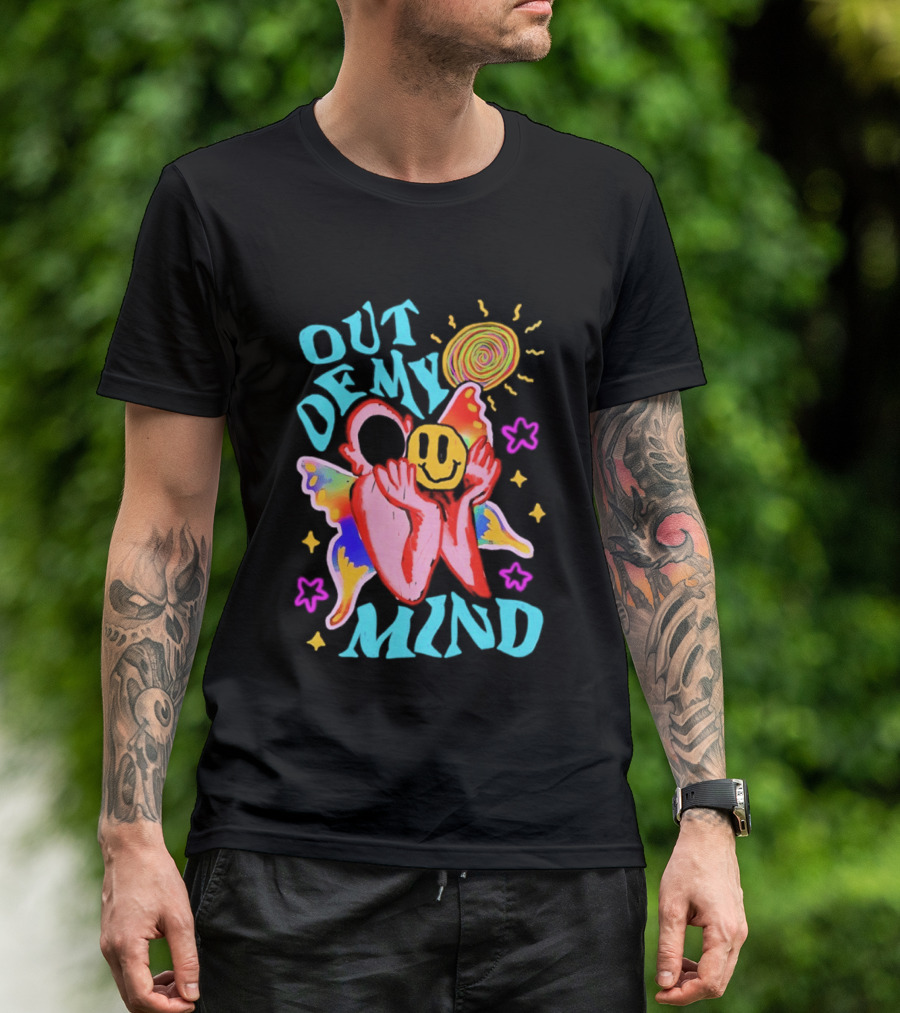 Out Of My Mind Smiley Face Butterfly Psychedelic Sunburst Fantasy Flowers T-Shirt