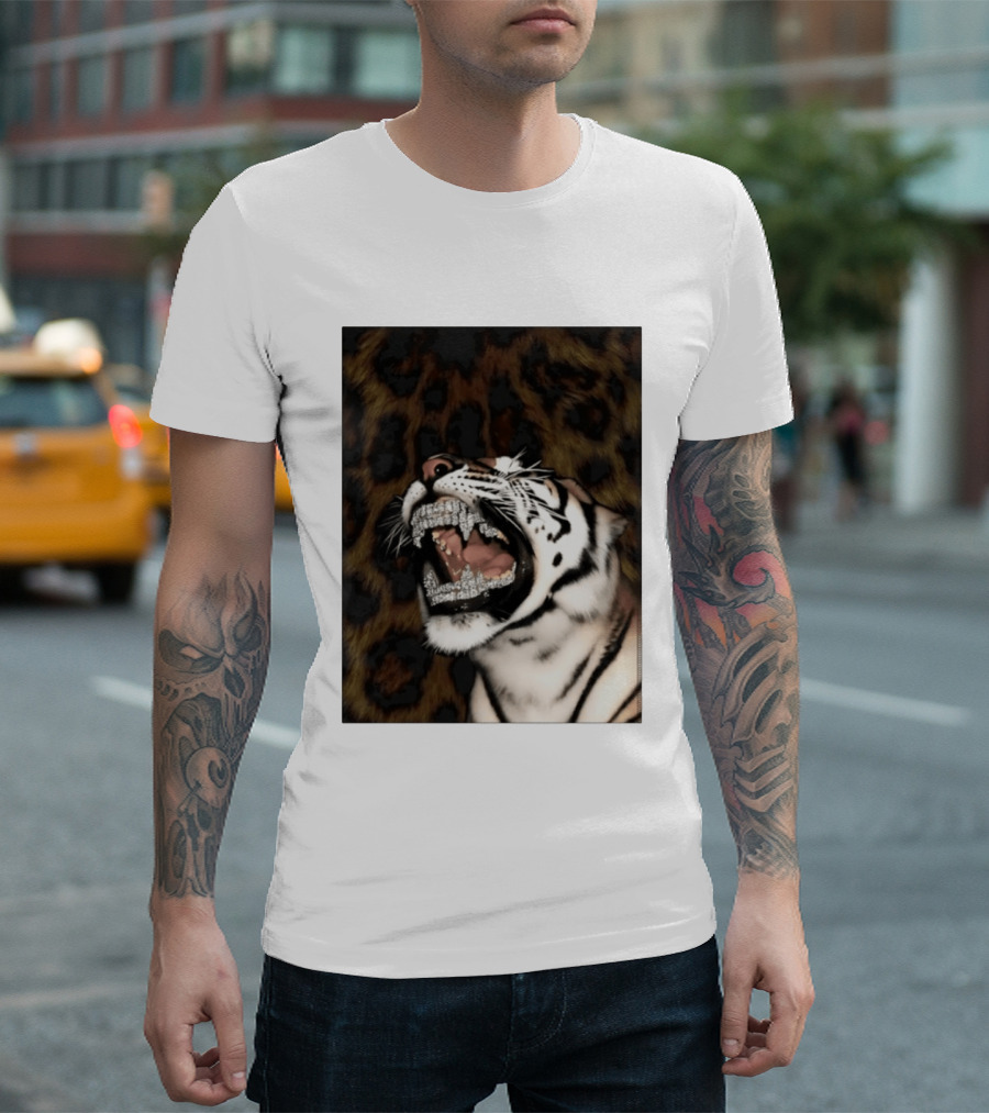 Tiger Diamond Grillz Iced Out Animal Roaring With Leopard Print T-Shirt