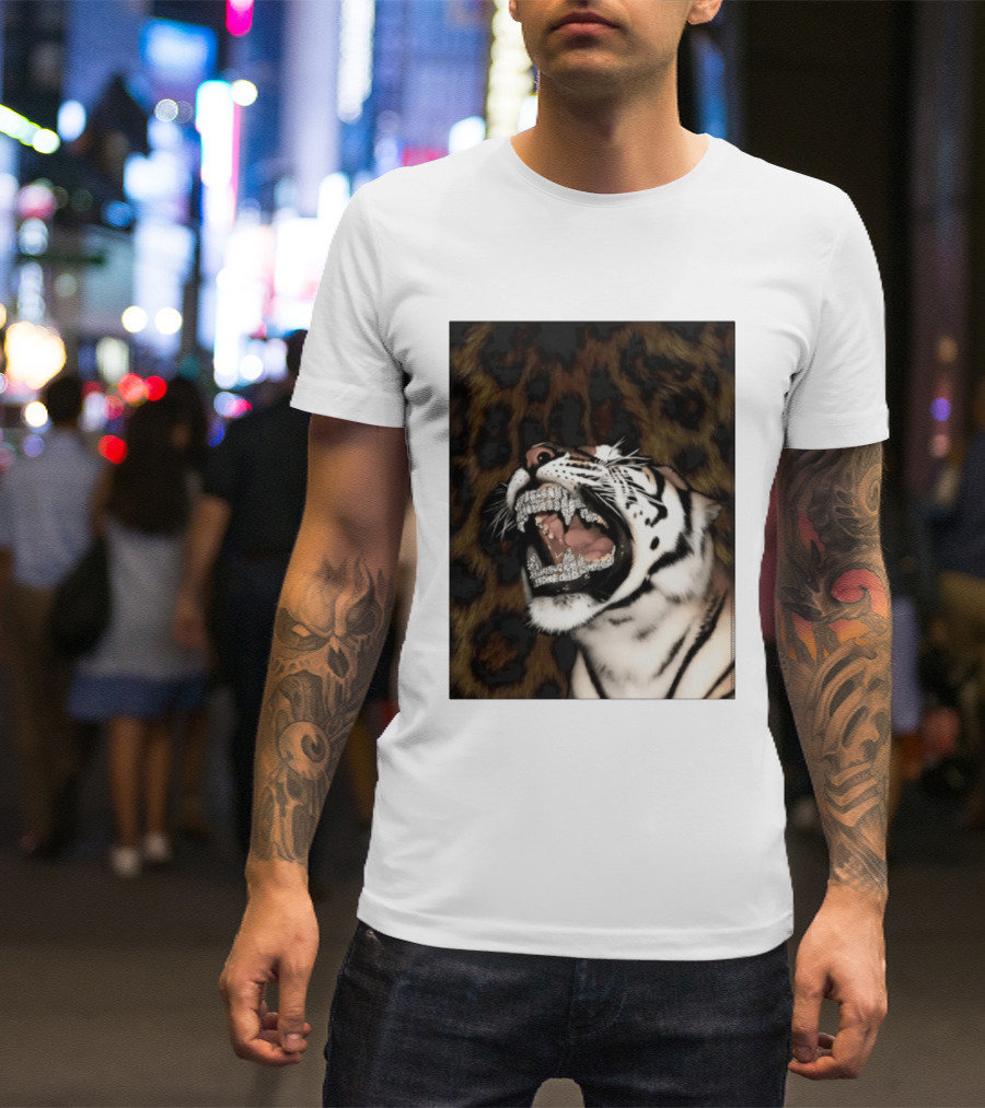 Tiger Diamond Grillz Iced Out Animal Roaring With Leopard Print T-Shirt