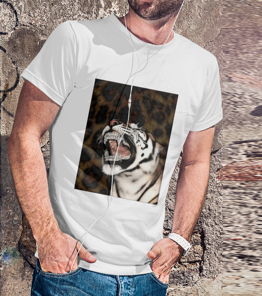 Tiger Diamond Grillz Iced Out Animal Roaring With Leopard Print T-Shirt
