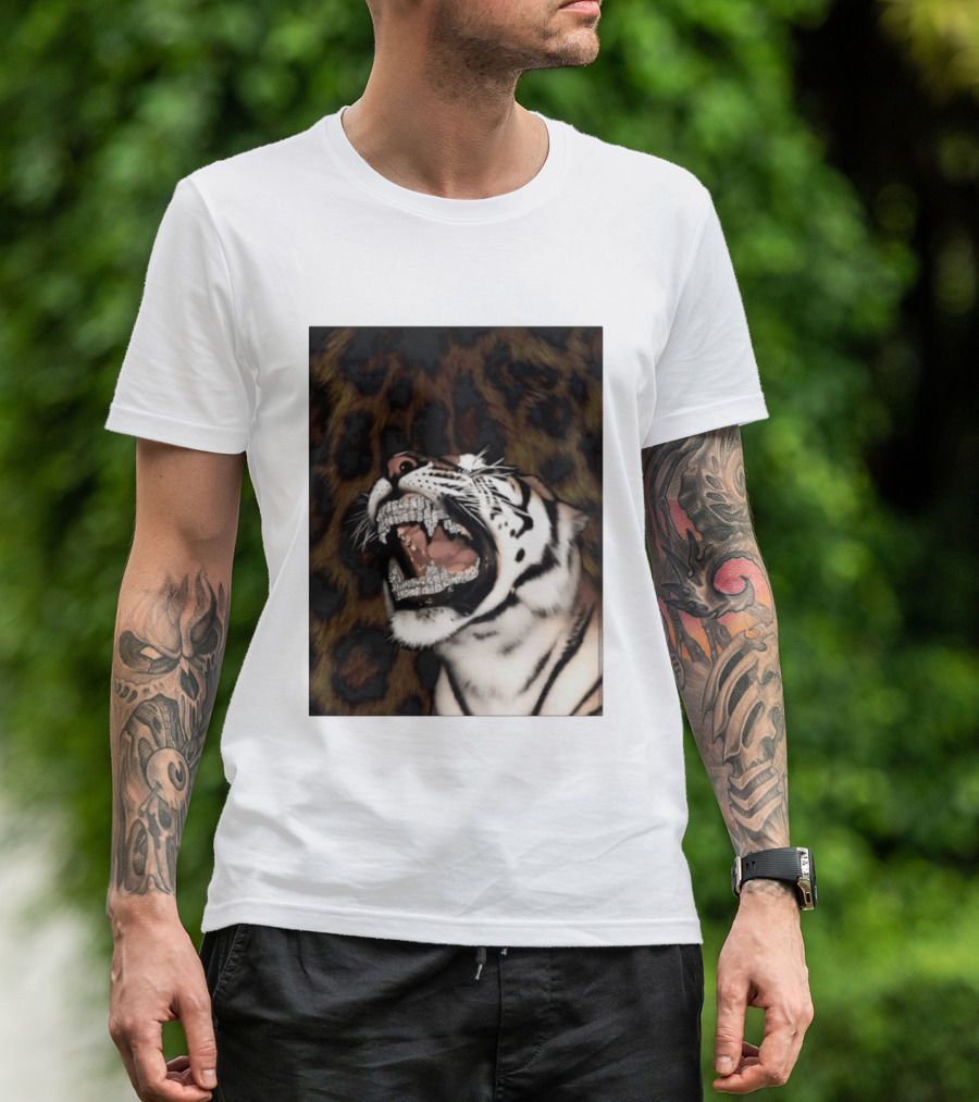 Tiger Diamond Grillz Iced Out Animal Roaring With Leopard Print T-Shirt