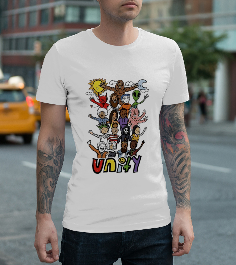 Unity Cartoon Characters Doodle Diverse Characters Aliens Bigfoot Devil Sun Moon T-Shirt