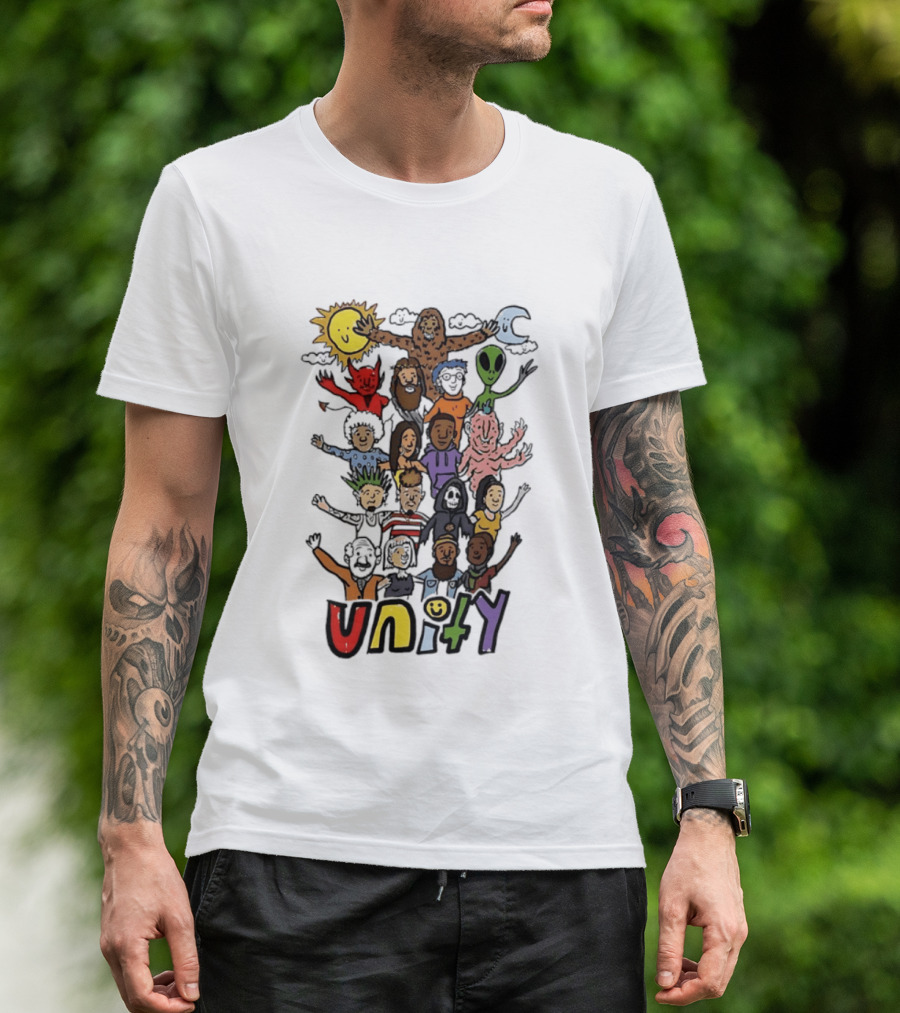 Unity Cartoon Characters Doodle Diverse Characters Aliens Bigfoot Devil Sun Moon T-Shirt