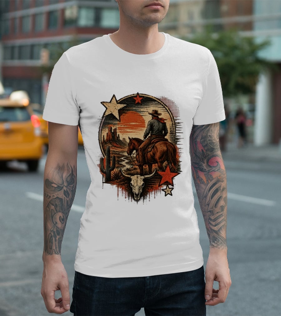 Cowboy On Horseback Under Desert Sunset With Cactus And Skull T-Shirt