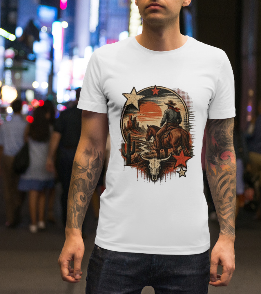 Cowboy On Horseback Under Desert Sunset With Cactus And Skull T-Shirt