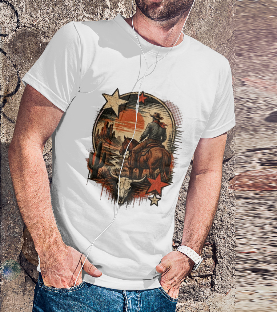 Cowboy On Horseback Under Desert Sunset With Cactus And Skull T-Shirt