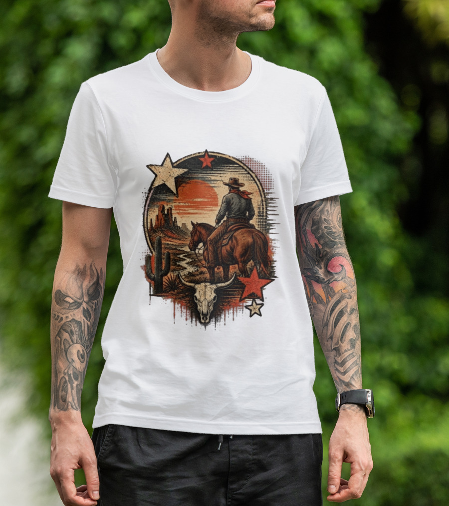 Cowboy On Horseback Under Desert Sunset With Cactus And Skull T-Shirt