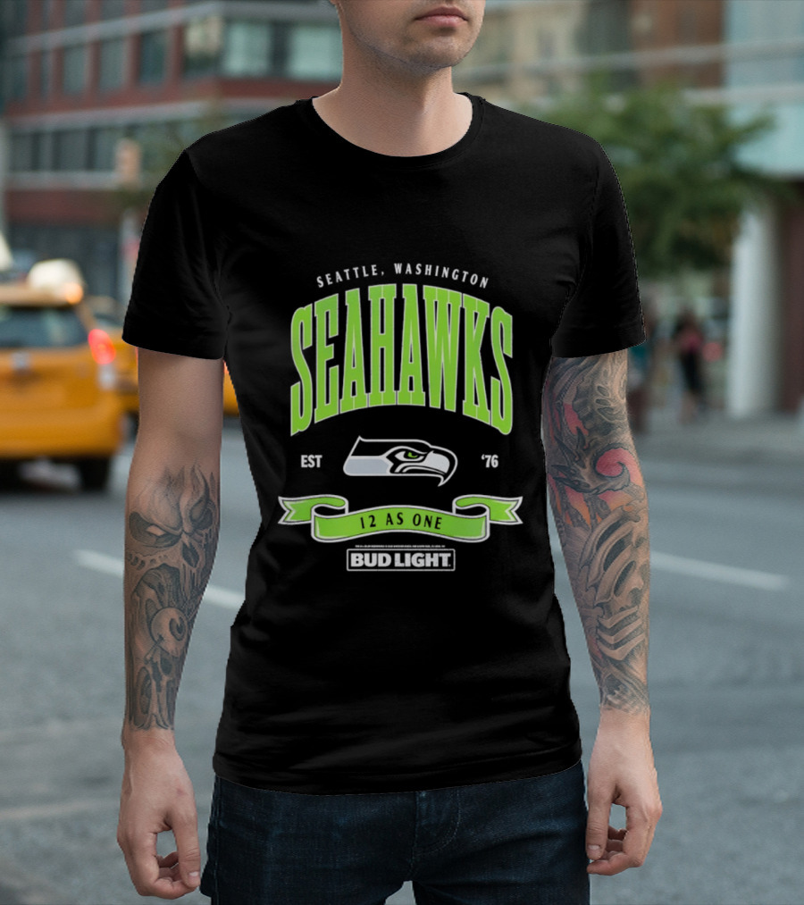 Seattle Washington Seahawks EST 76 Bud Light 12 As One T-Shirt